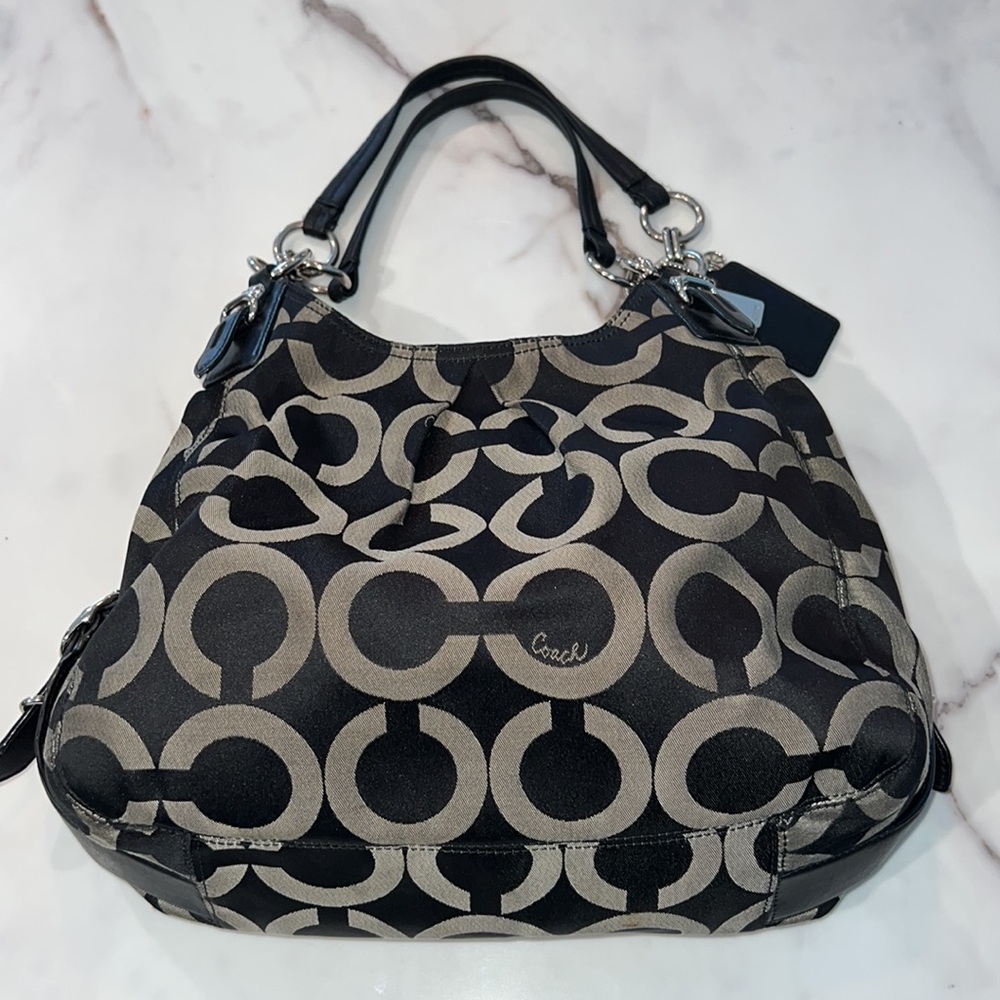 Elegant Authentic Coach Purse - Black with Gray C’s Purple inside lining